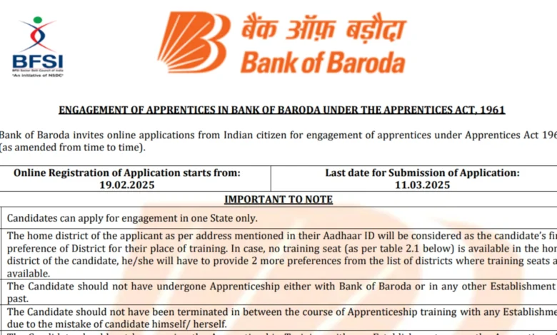 Bank of Baroda Apprentice Recruitment 2025 Notification Out and Apply Online for 4000 Posts