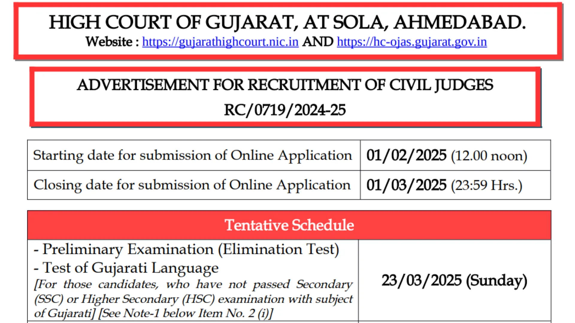Gujarat High Court Civil Judge Recruitment 2025 Notification Released, Apply Online for 212 Posts