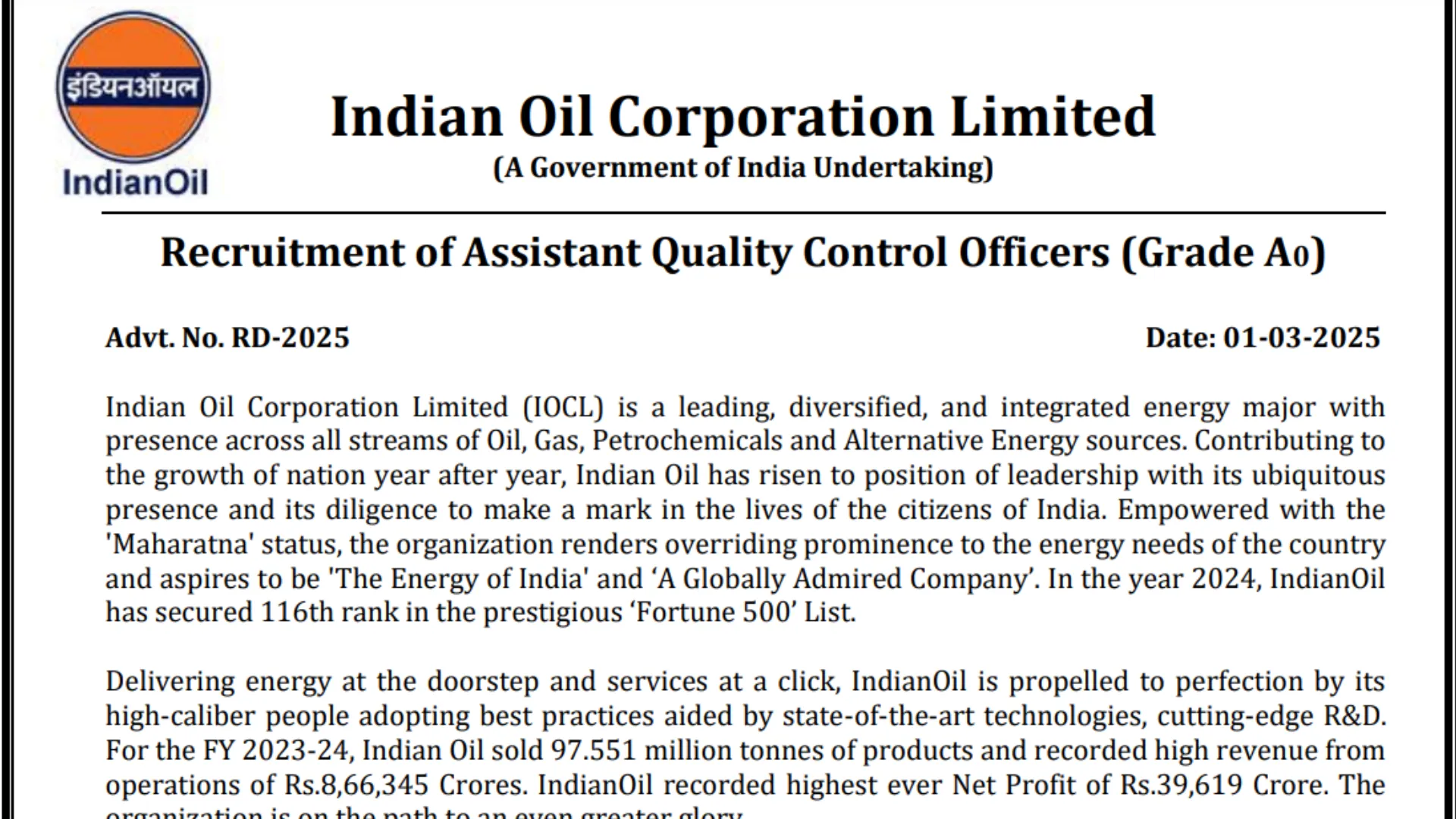 Indian Oil Corporation Limited (IOCL) Assistant Quality Control Officer Recruitment 2025 Notification Out for 97 Posts, Apply Online