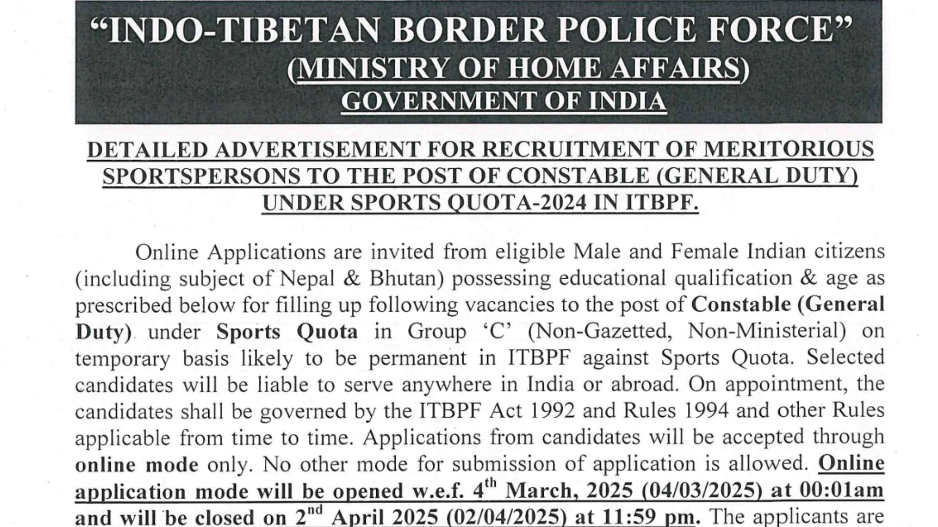 ITBP Constable GD (Sports Quota) Recruitment 2025 Notification Released for 133 Post, Apply Online