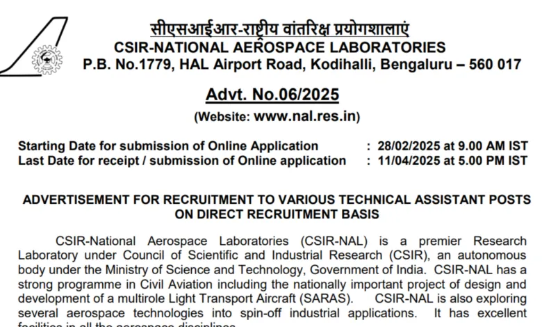 CSIR NAL Technical Assistant Recruitment 2025 Notification and Online Form