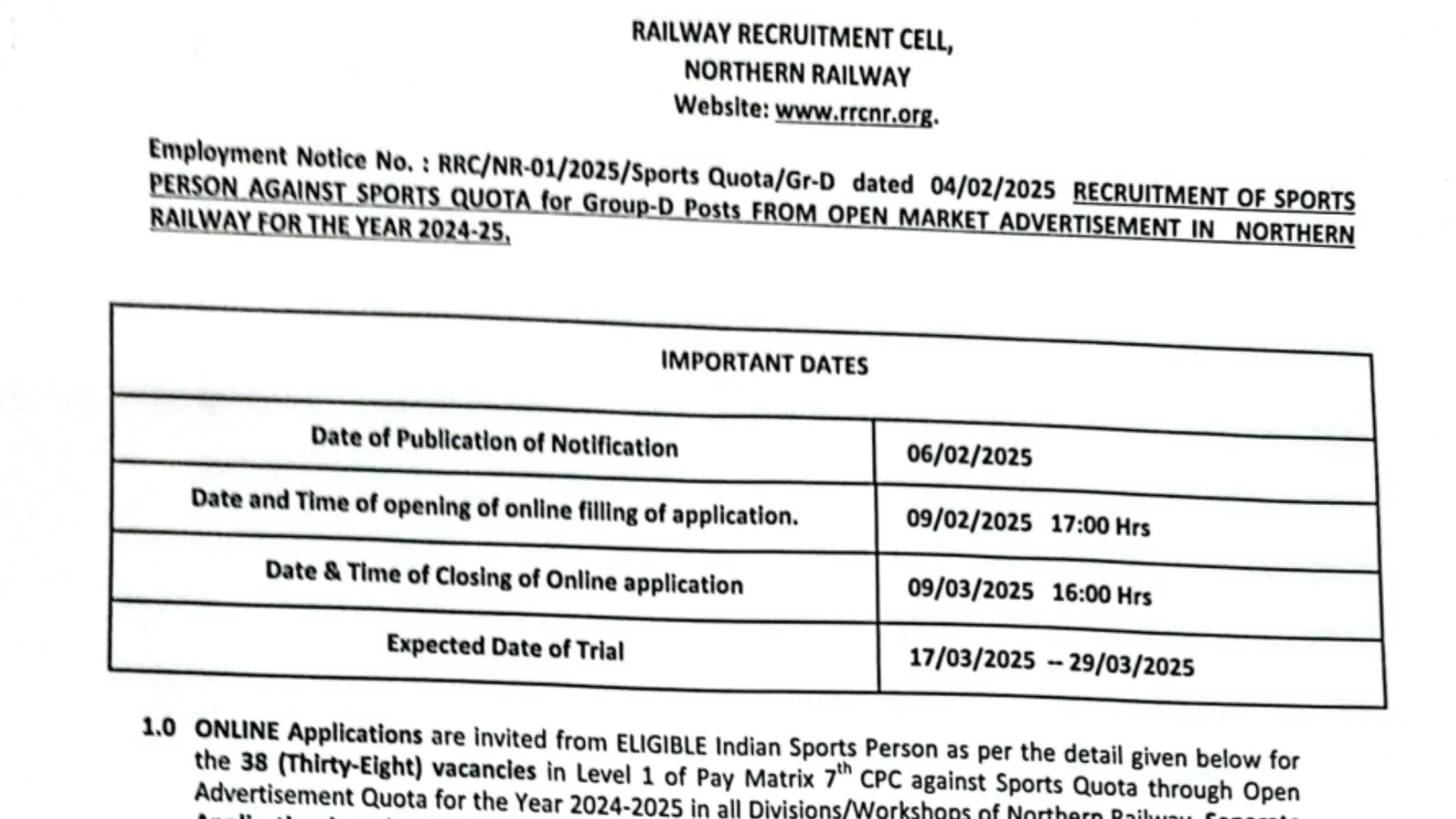 Railway RRC NR Group D Sports Quota Recruitment 2025 Notification and Online Form