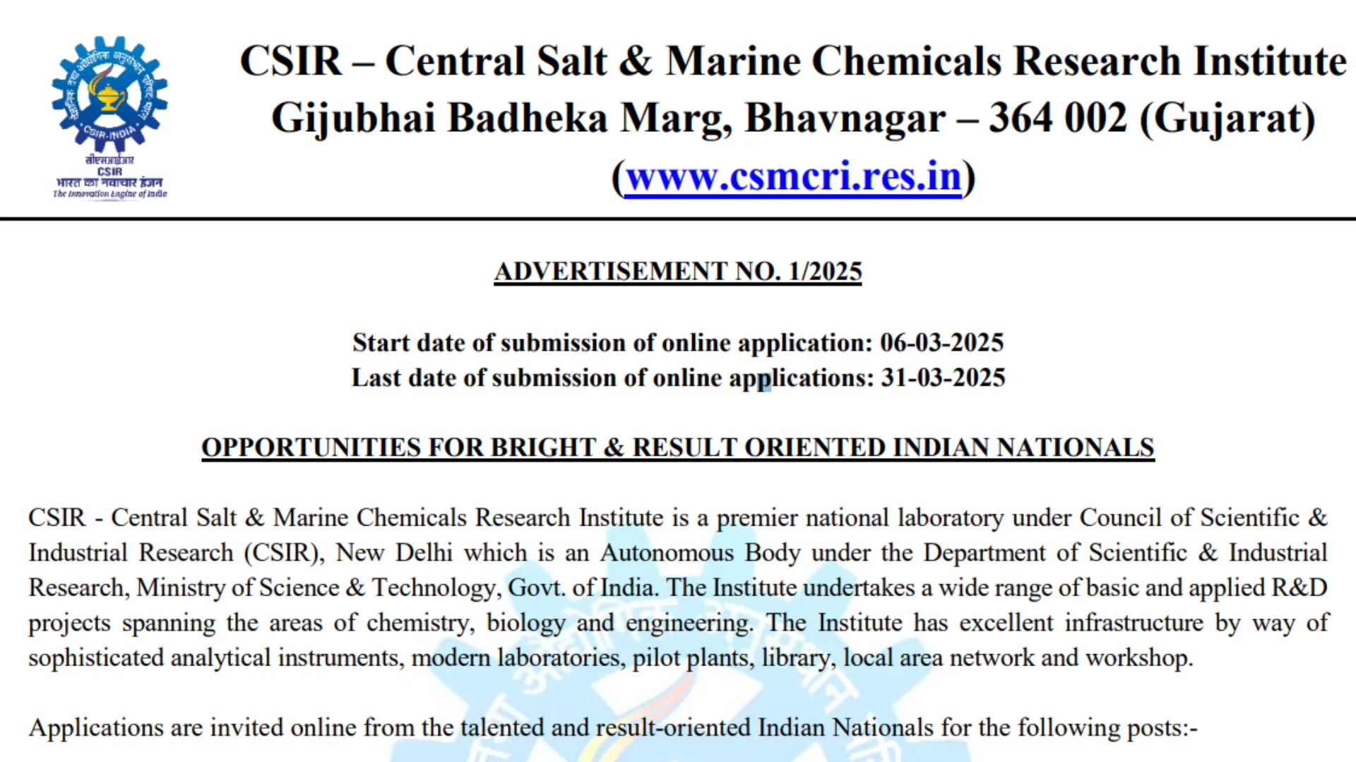 CSIR CSMCRI Recruitment 2025 Apply Online for Junior Hindi Translator, Junior Stenographer and Other Posts