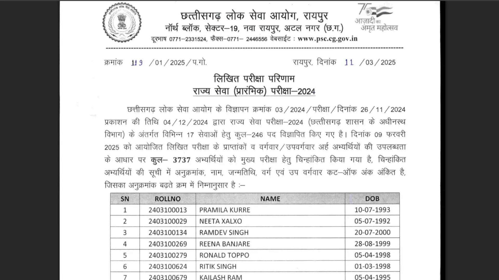CGPSC Chhattisgarh State Service Exam SSE Pre Recruitment 2024 Download Pre Result for 246 Post