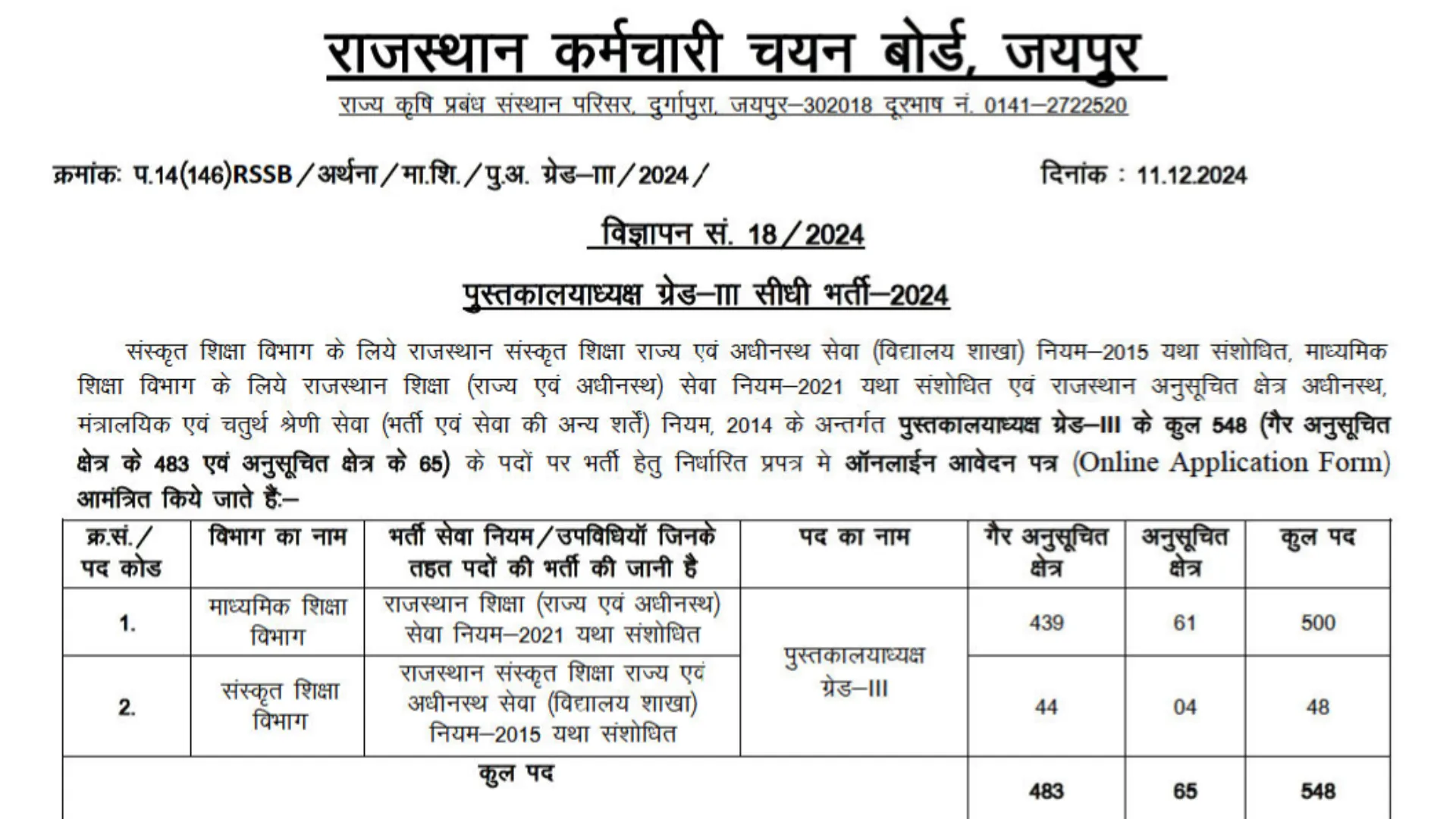 Rajasthan RSMSSB Librarian Grade III Recruitment 2025 Apply Online for 548 Post