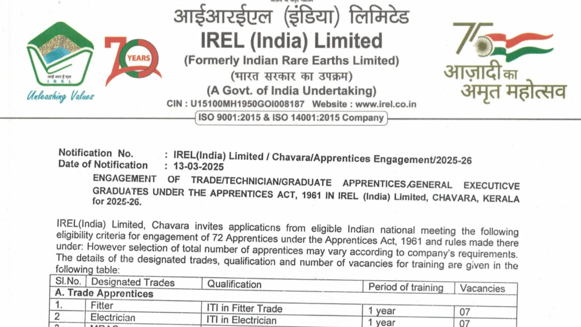 IREL Apprentice Recruitment 2025 Notification Released for 72 Posts, Apply Online