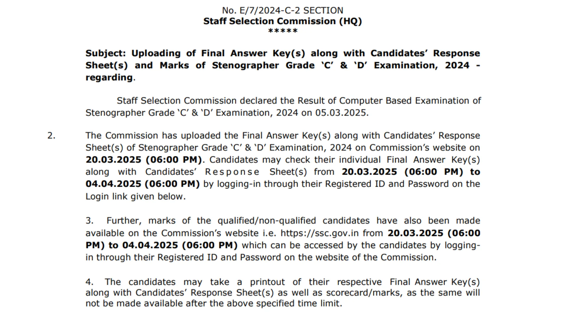 SSC Stenographer Grade C & D Examination 2024 Results, Marks, Final Answer Key, Skill Test Exam Date 2025