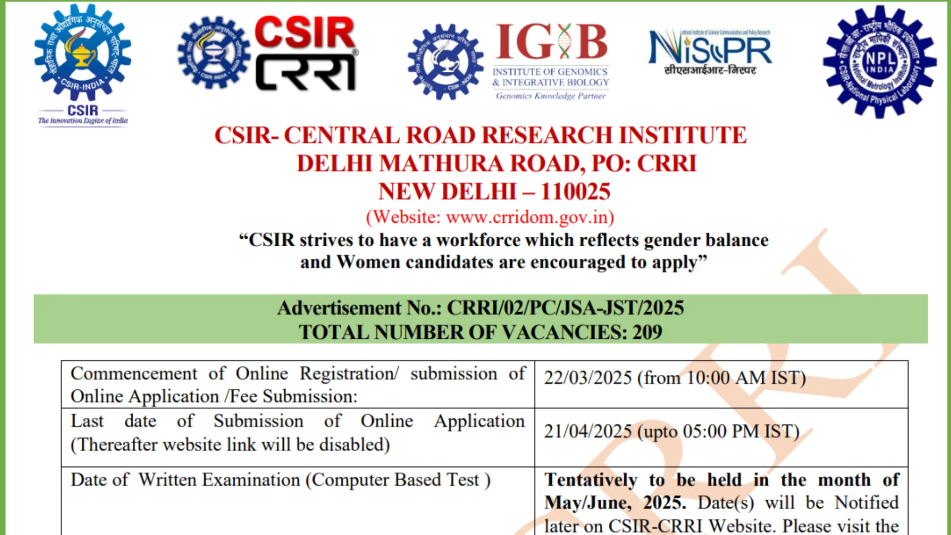 Delhi CSIR CRRI Junior Stenographer & Junior Secretariat Assistant Recruitment 2025 Apply Online for 209 Posts