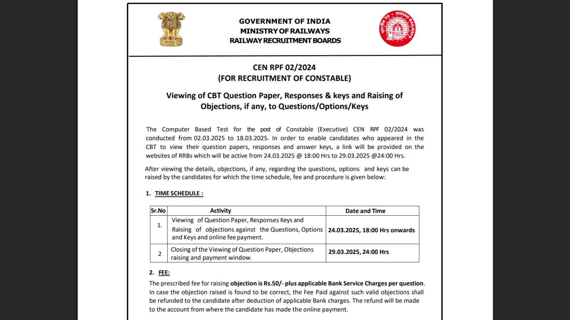 Railway RPF Constable Recruitment 2024 Answer Key Released for 4208 Post