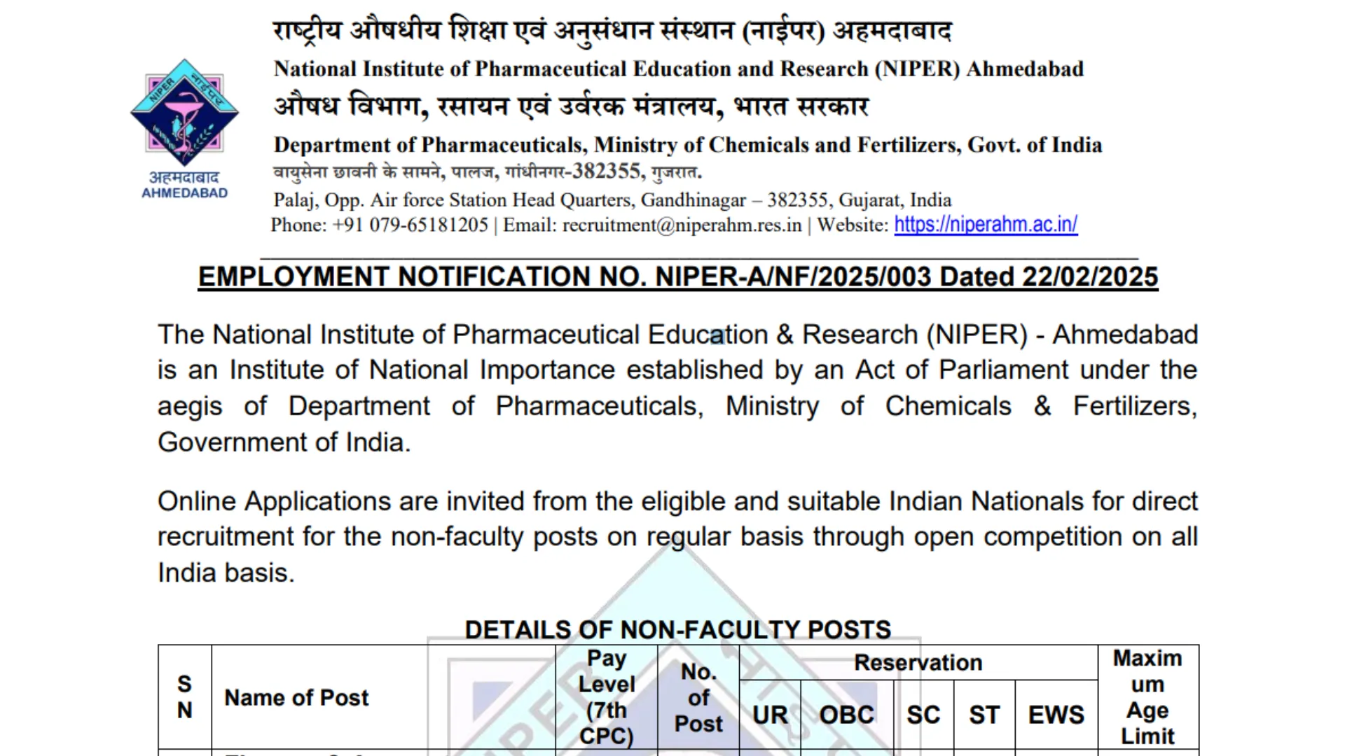 NIPER Non-Faculty Recruitment 2025 Apply Online for Various Posts