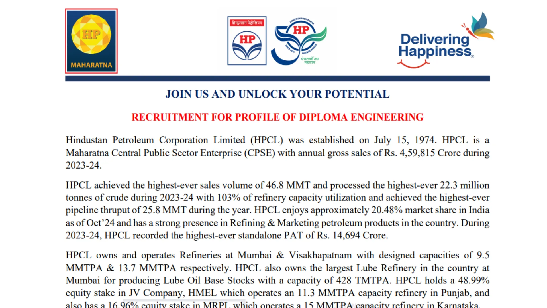 HPCL Junior Executive Recruitment 2025 Notification Released and Apply Online