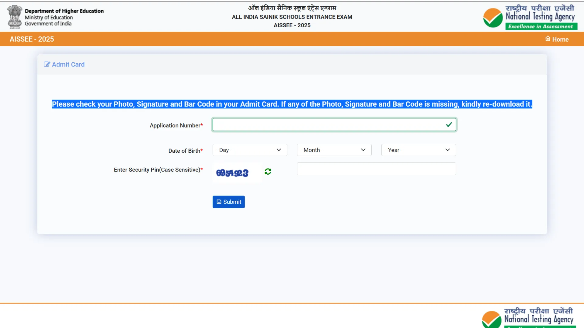 All India Sainik Schools Entrance Examination (AISSEE) 2025 Admissions Exam City / Download Admit Card