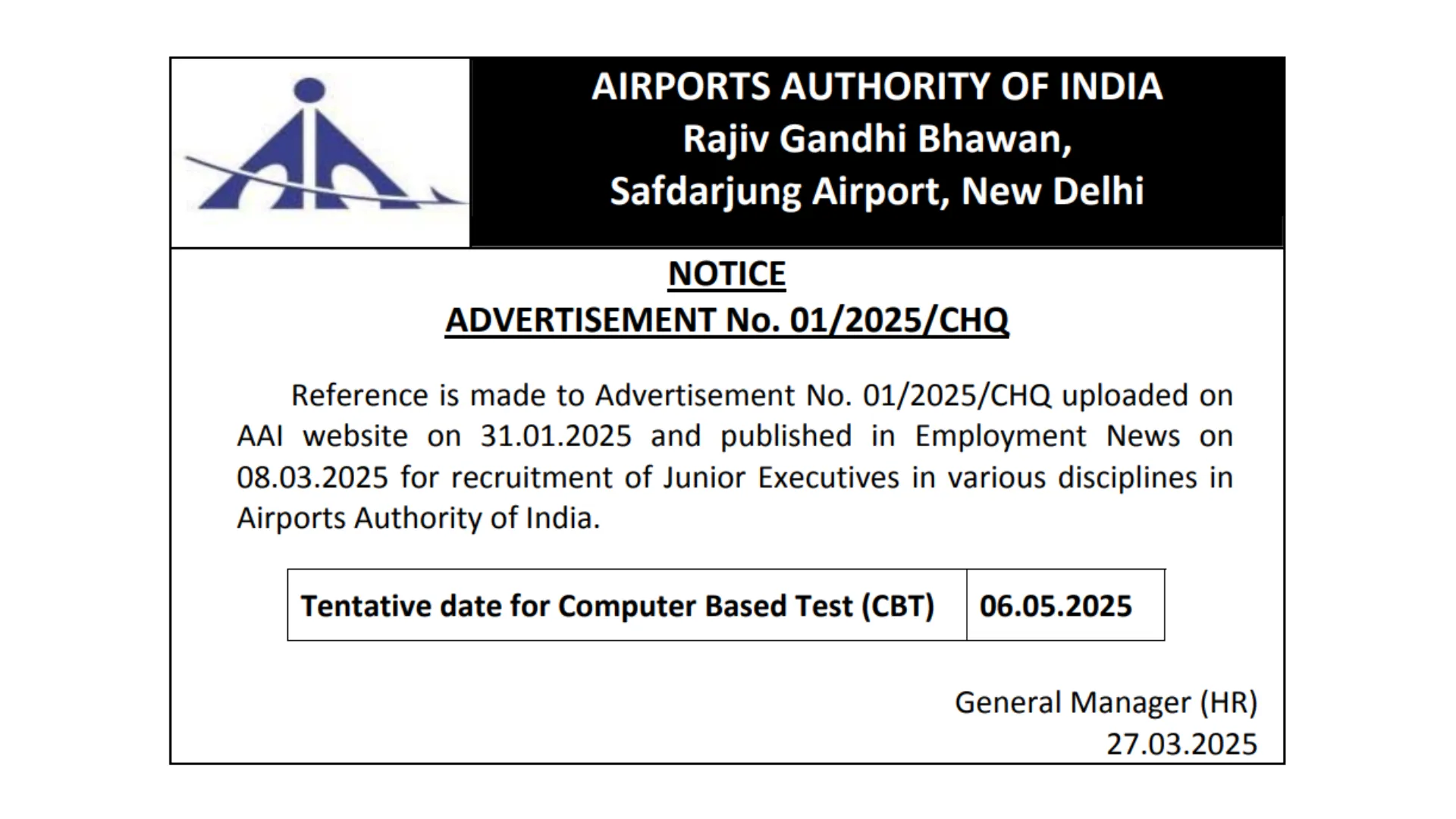 AAI Junior Executive Recruitment 2025 Exam Date Released for 83 Posts, Check Notice