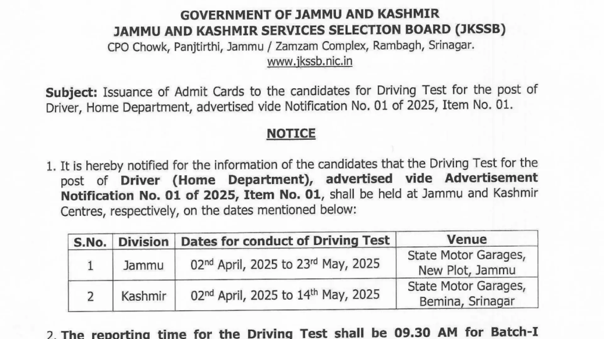 JKSSB FSL Driver Recruitment 2025 Driving Test Admit Card Out, Download Link