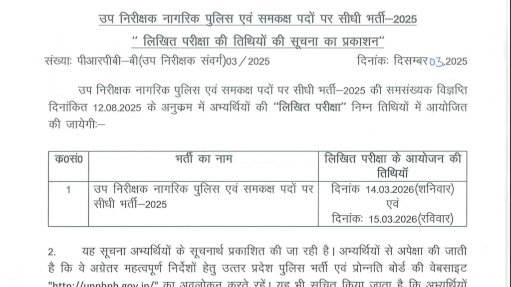 UP Police SI (4543 Posts) Exam Date & Admit Card 2025 Released, Check Now