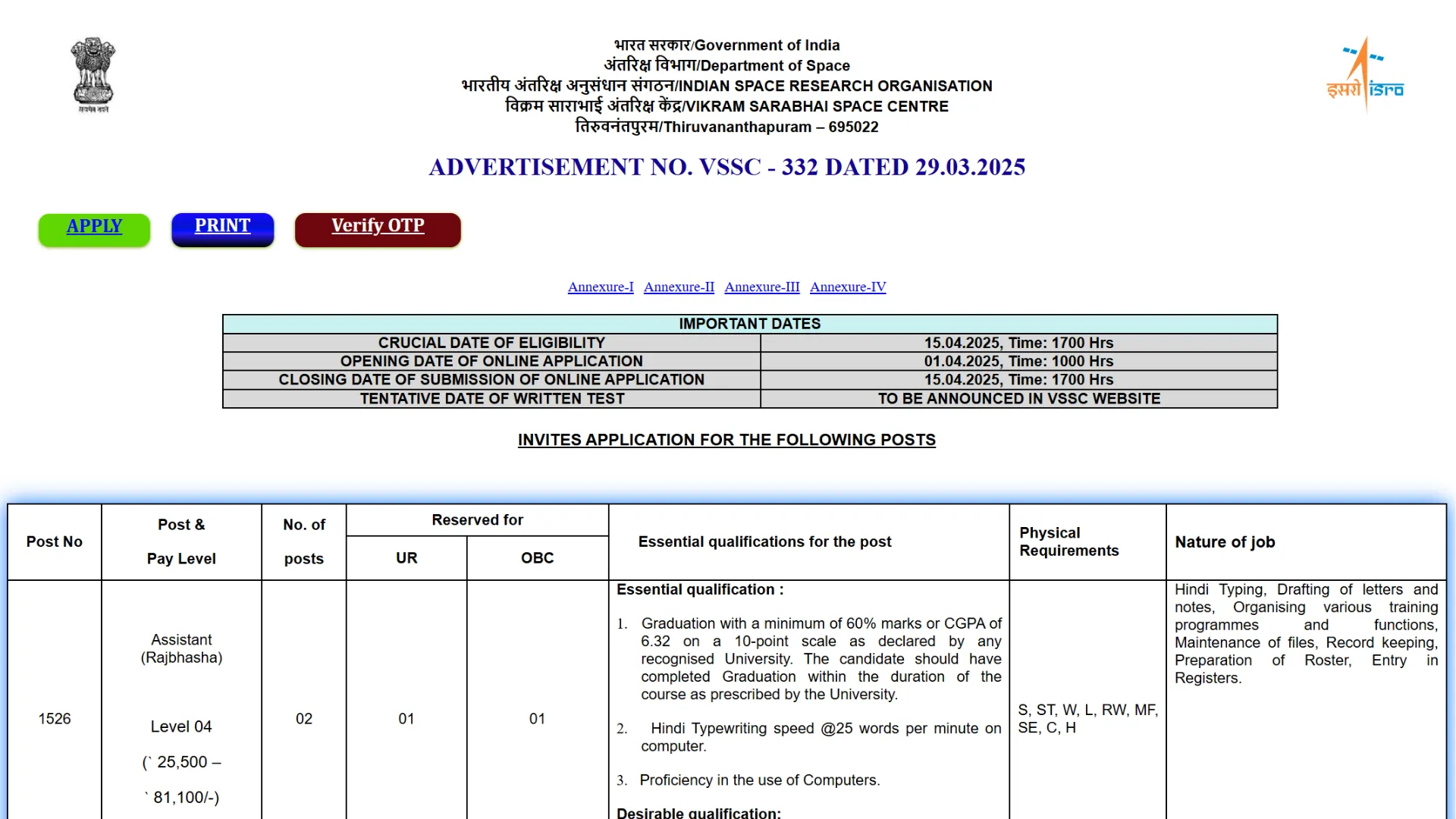 ISRO VSSC Assistant, Driver, Fireman & Cook Recruitment 2025 Notification and Online Form