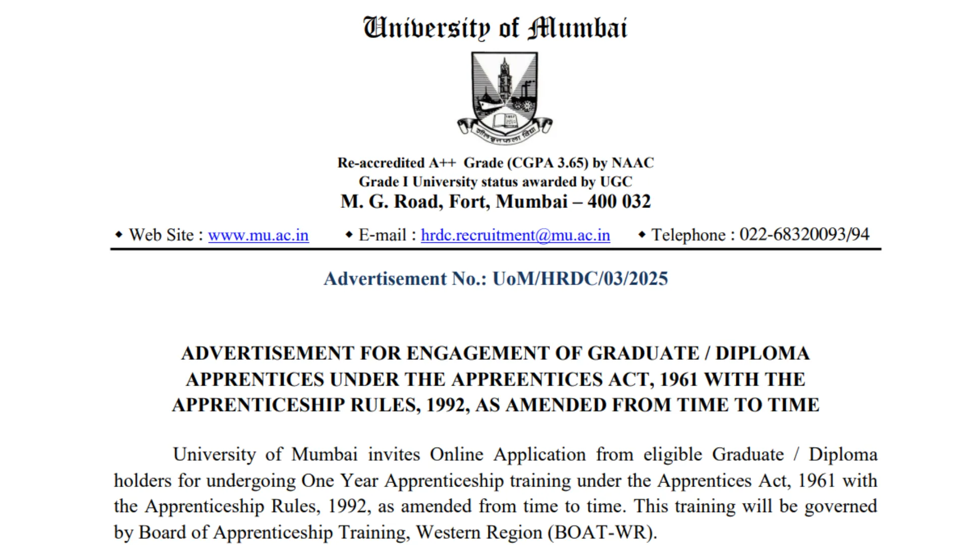 Mumbai University Apprentice Recruitment 2025 Apply Online for Various Posts