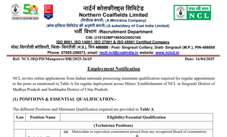 Northern Coalfields Limited (NCL) Technician Recruitment 2025 Notification Released for 200 Posts, Apply Online