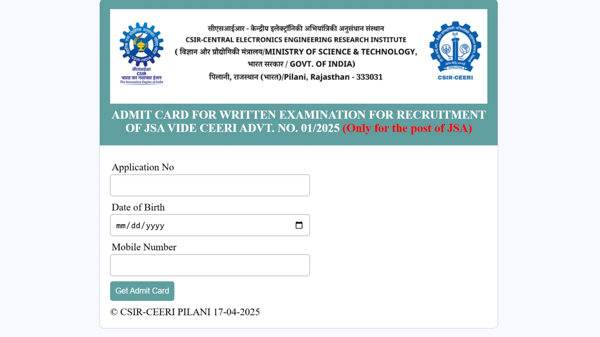 CSIR CEERI Junior Secretariat Assistant & Junior Stenographer Recruitment 2025 Admit Card Out, Download Now