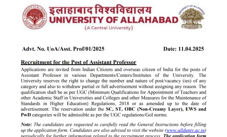 Allahabad University Teaching Recruitment 2025 Notification Released for 321 Posts, Apply Online
