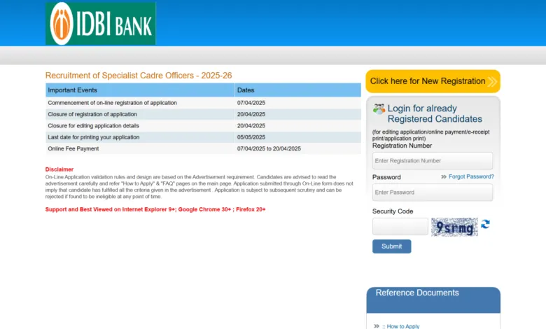 IDBI Bank Specialist Officer (SO) Recruitment 2025 Notification Released for 119 Posts, Apply Online