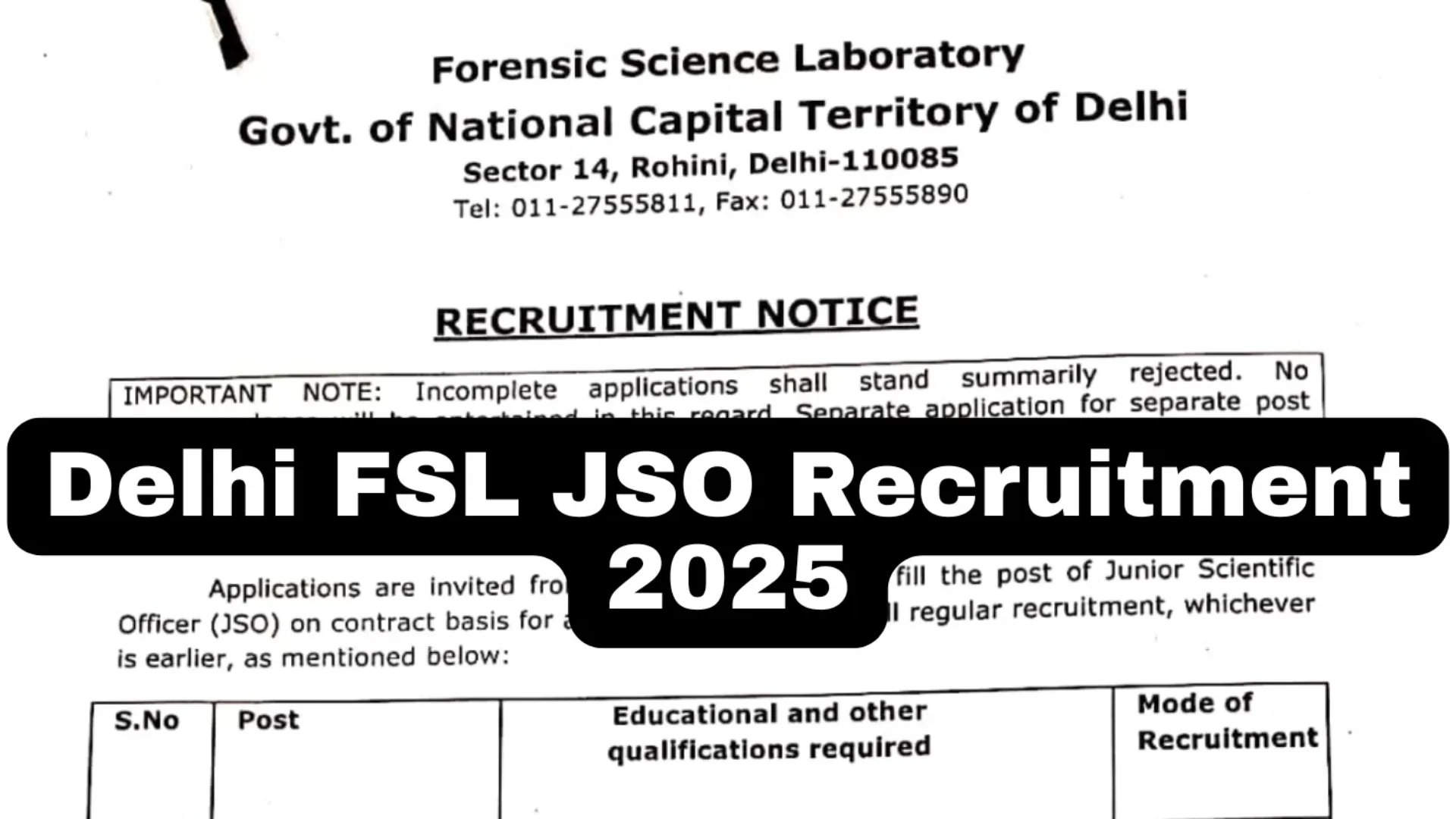 Delhi FSL Junior Scientific Officer Recruitment 2025 Notification Released and Apply Form