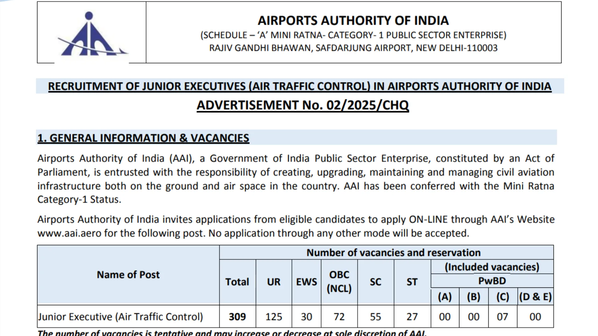 AAI Junior Executive ATC Recruitment 2025 Notification Released and Apply Online for 309 Post