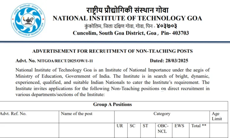 NIT Goa Non-Teaching Recruitment 2025 Notification Released and Apply for Various Posts