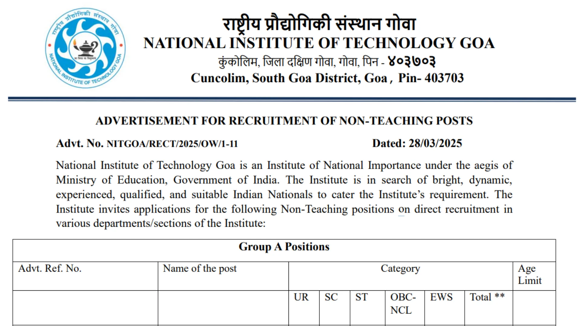 NIT Goa Non-Teaching Recruitment 2025 Notification Released and Apply for Various Posts