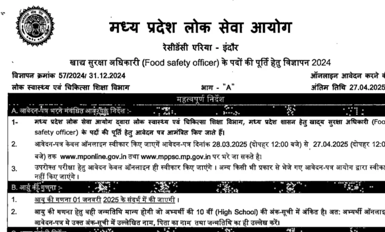 MPPSC Food Safety Officer Recruitment 2025 Notification Released and Apply Online for 120 Posts
