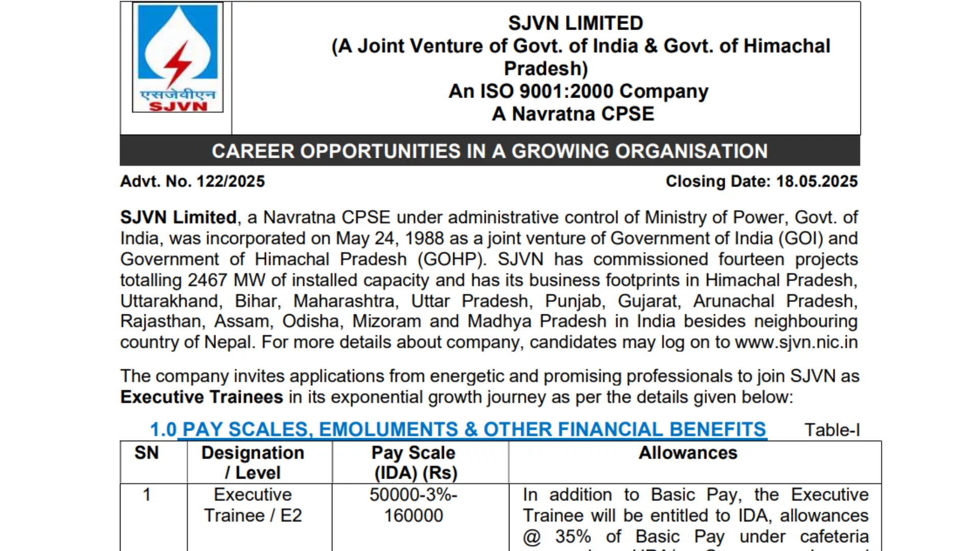 SJVN Executive Trainee Recruitment 2025 Notification Out for 114 Posts, Apply Online