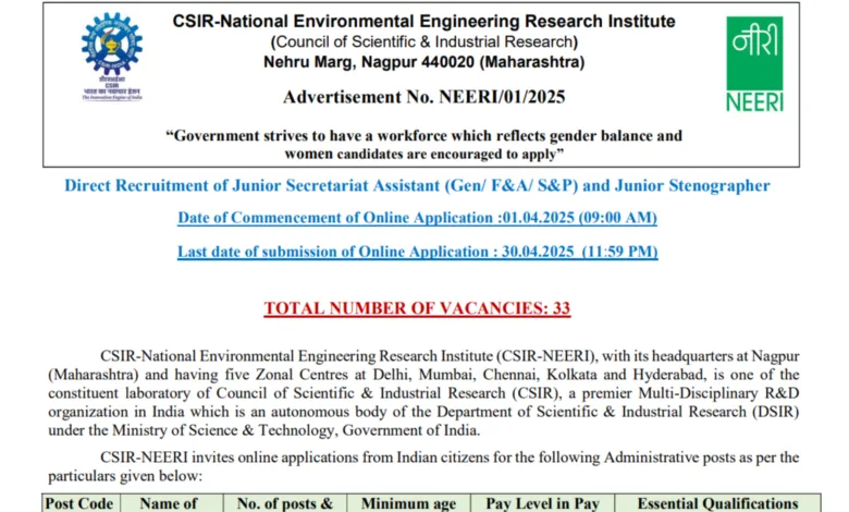 CSIR NEERI JSA & Stenographer Recruitment 2025 Notification Released, Apply Online