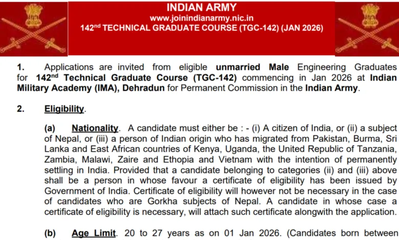 Indian Army Technical Graduate Courses (TGC) 142 Recruitment 2025 Notification Released and Apply Online
