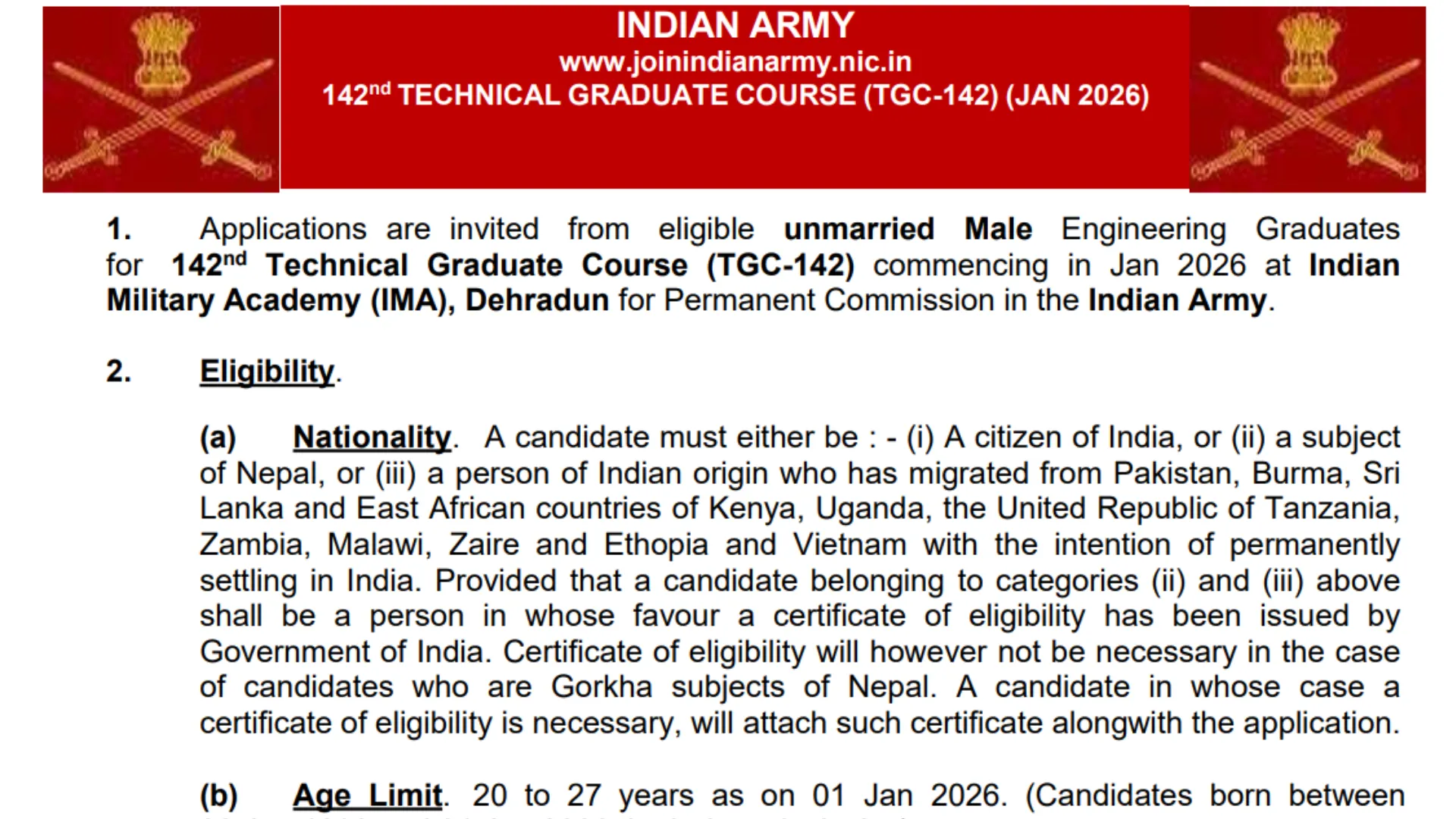 Indian Army Technical Graduate Courses (TGC) 142 Recruitment 2025 Notification Released and Apply Online