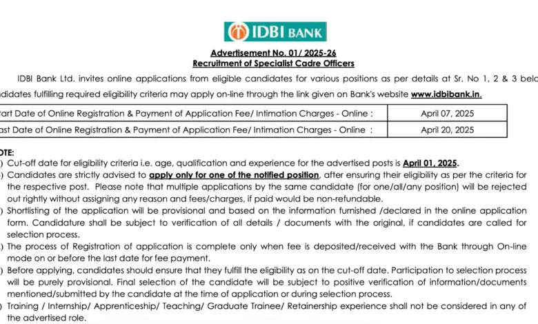 IDBI Bank Specialist Cadre Officer (SCO) Recruitment 2025 Notification Out, Apply Online
