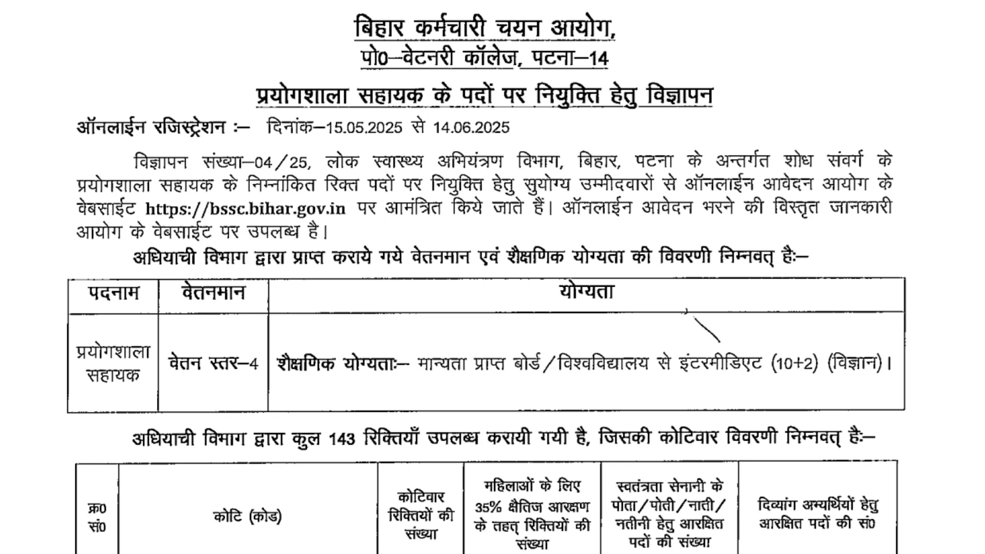 BSSC Laboratory Assistant Recruitment 2025 Notification Released and Apply Online for 143 Posts