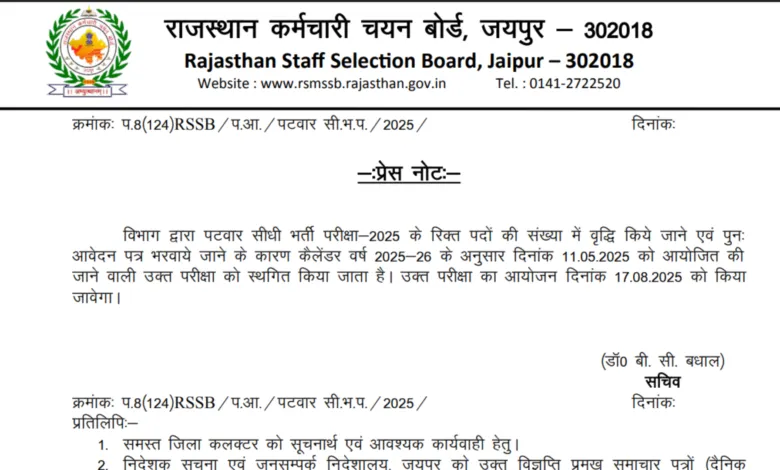 Rajasthan RSMSSB Patwari Recruitment 2025 Download Exam Date for 2020 Post
