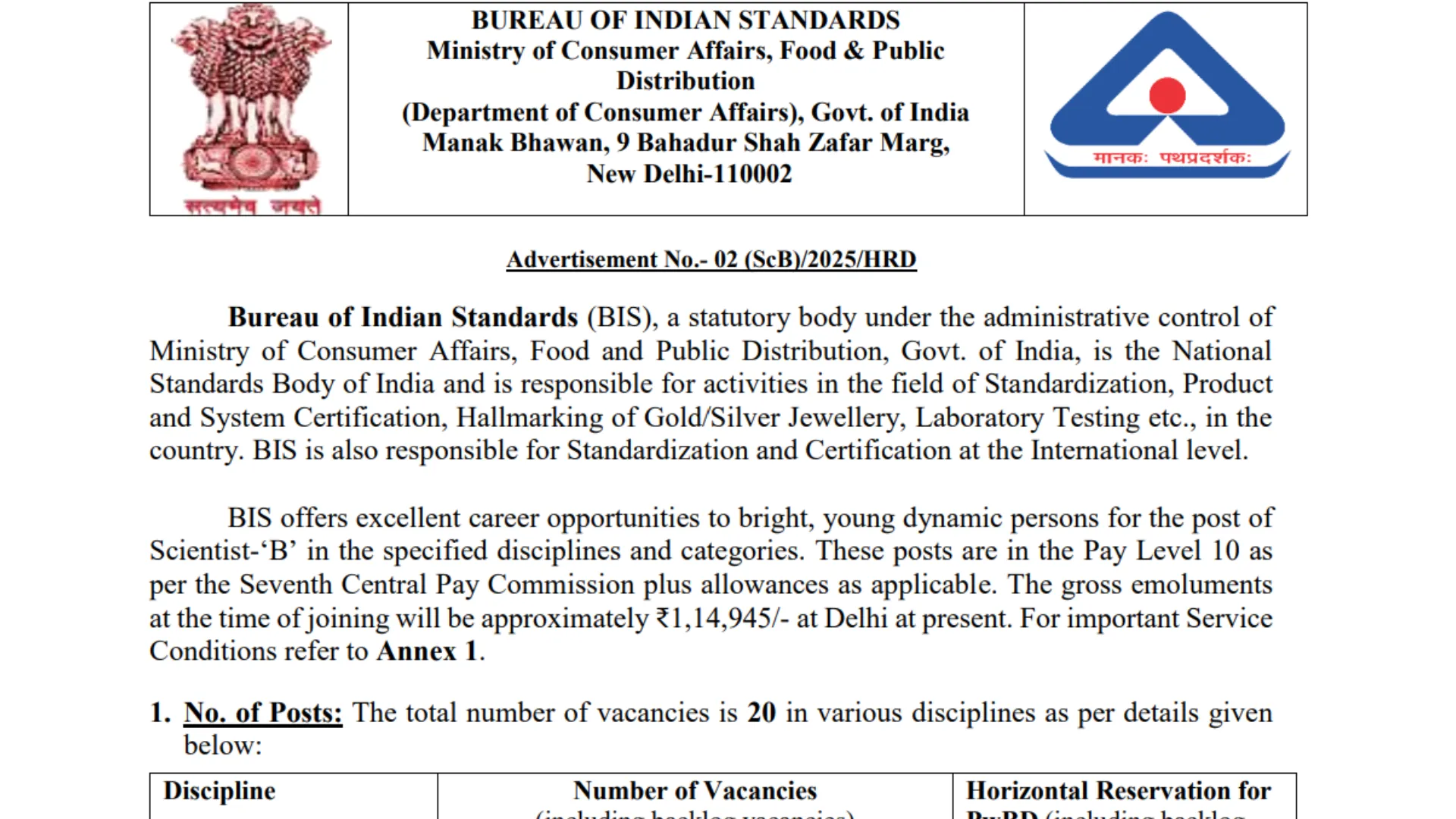 Bureau of Indian Standards (BIS) Recruitment 2025 Notification Released for Various Posts, Apply Online