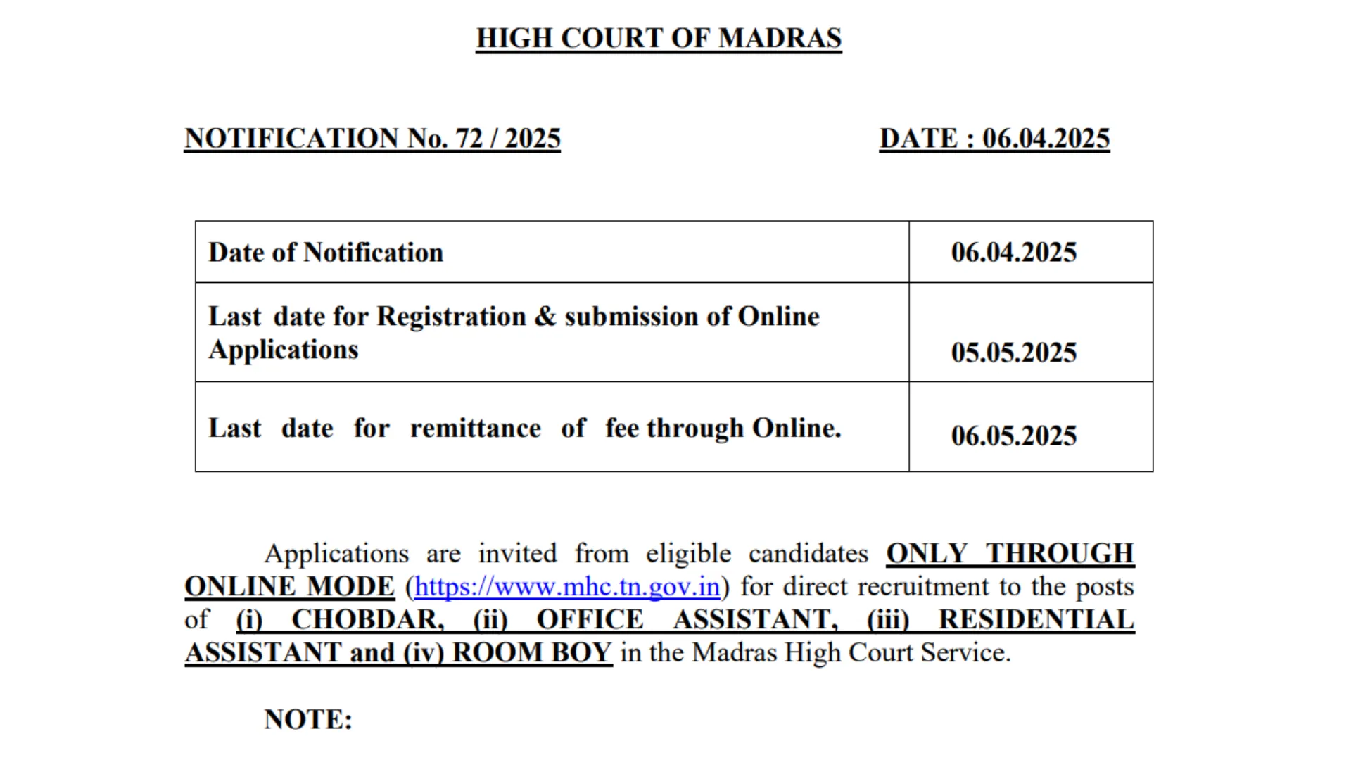 Madras High Court Recruitment 2025 Notification Released for 439 Various Posts, Apply Online