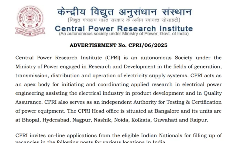 CPRI Assistant, Engineer, Technician & Junior Hindi Translator Recruitment 2025 Apply Online for 44 Posts