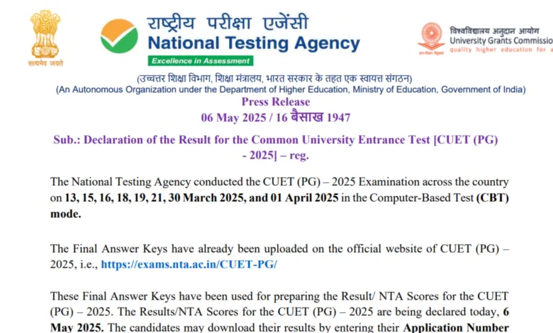 NTA Common University Entrance Test (CUET) PG 2025 Final Answer Key, Result with Score Card