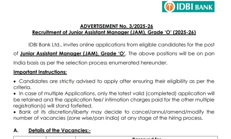 IDBI Bank Junior Assistant Manager (JAM) Recruitment 2025 Notification Released and Apply Online for 676 Posts