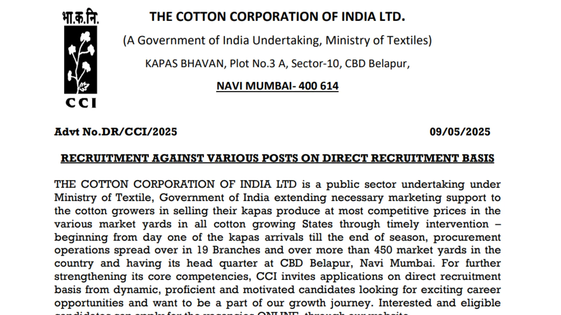 Cotton Corporation of India (CCI) Recruitment 2025 Notification Released for 147 Various Posts, Apply Online