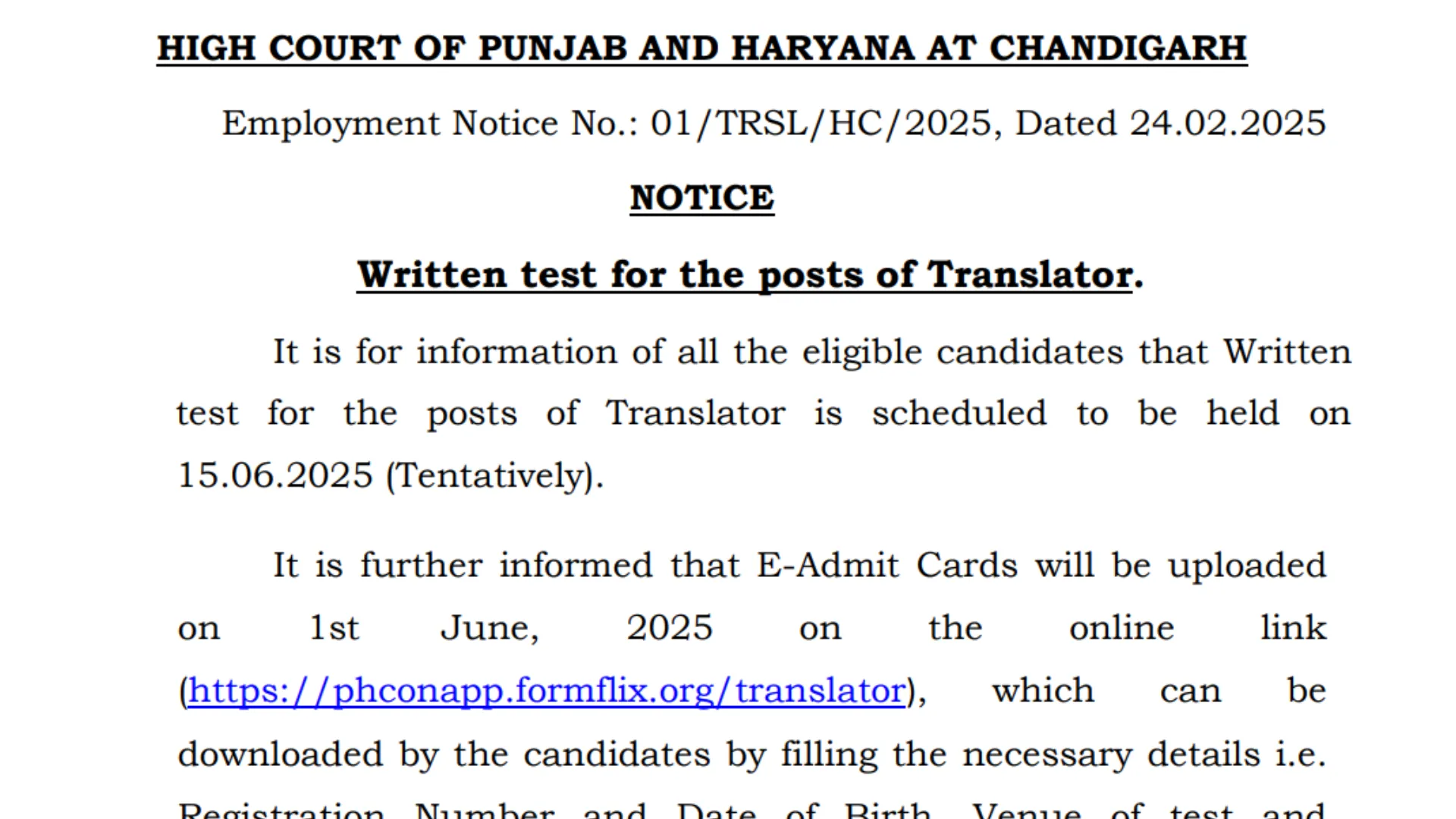 Punjab & Haryana High Court Translator Recruitment 2025 Exam Date Released, Check Notice