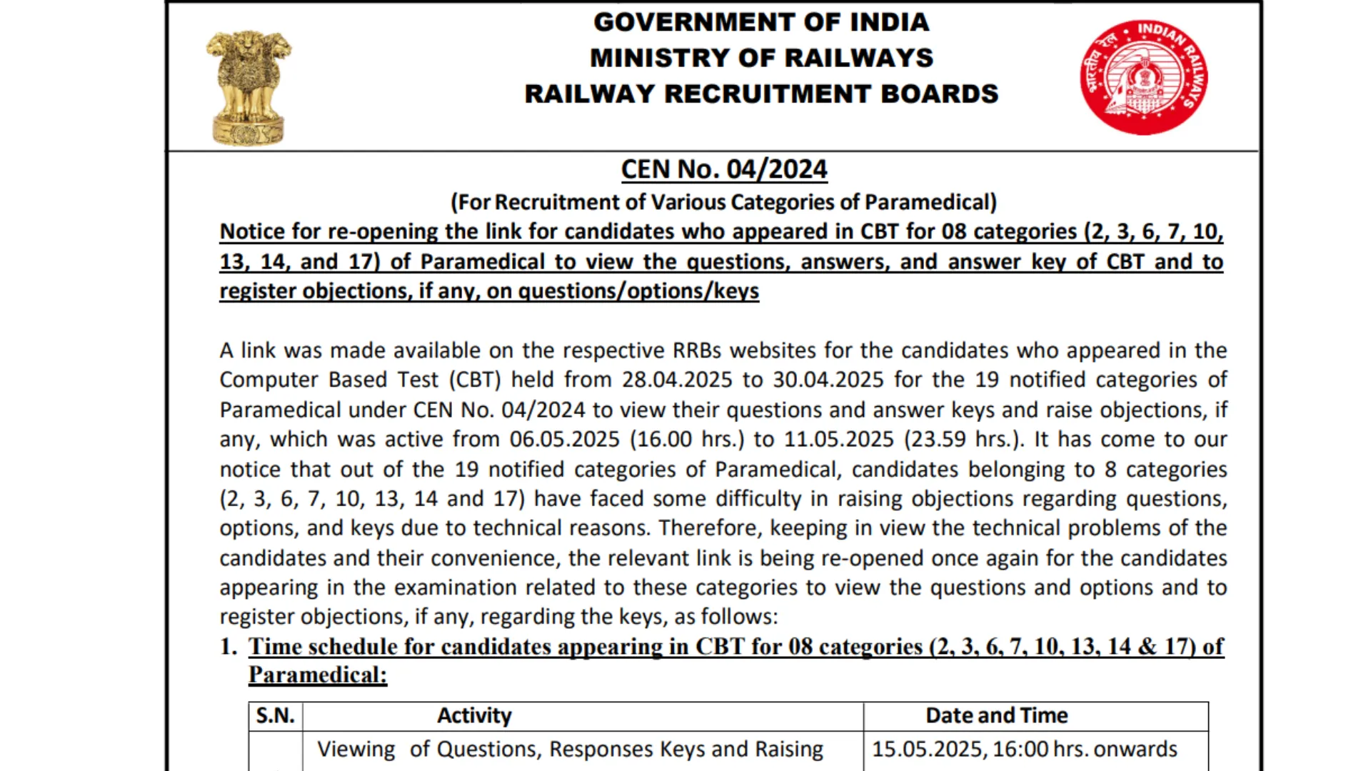 Railway RRB Paramedical Categories CEN 04/2024 Answer key 2025 Released, Check From This Link