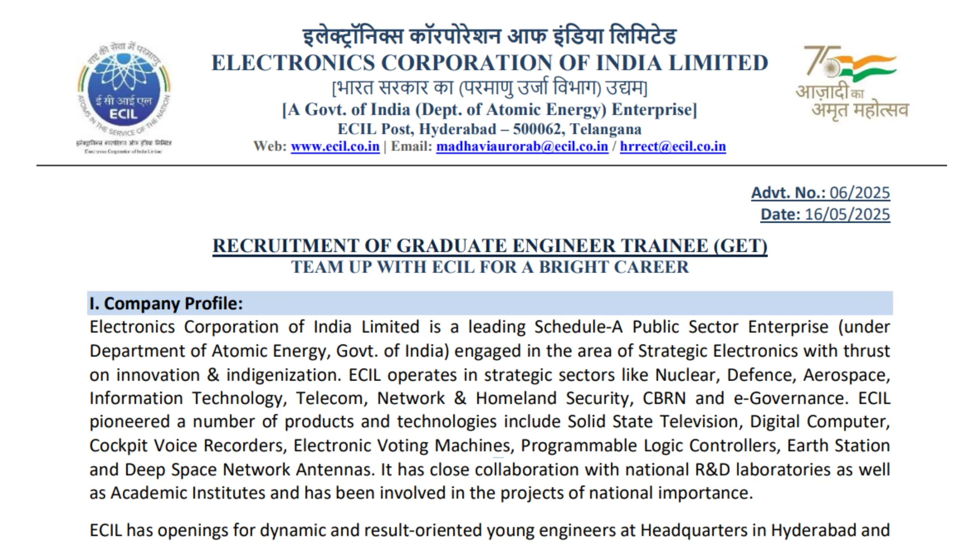ECIL Graduate Engineer Trainee Recruitment 2025 Notification Released & Apply Online
