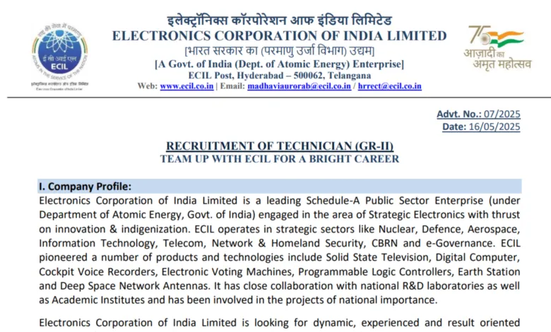 ECIL Technician Grade II Recruitment 2025 Notification Released & Apply Online