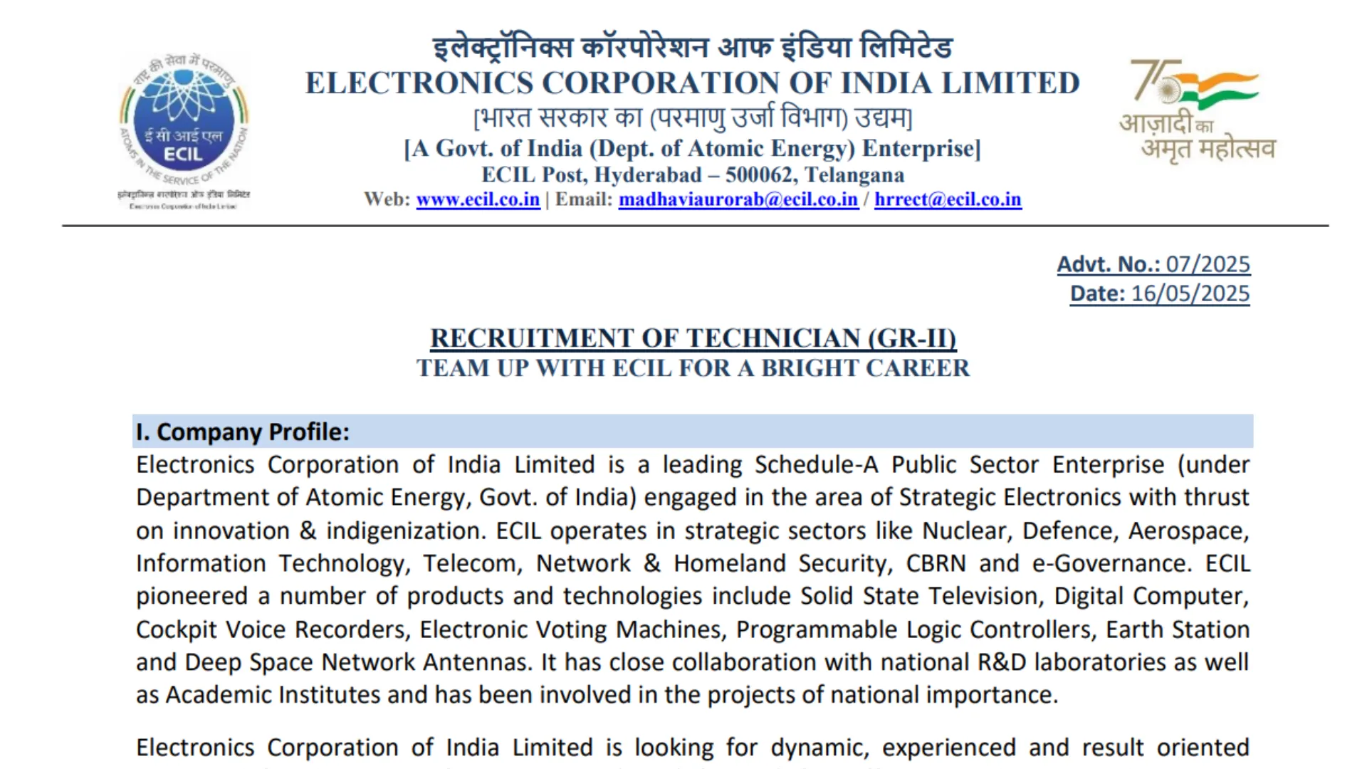 ECIL Technician Grade II Recruitment 2025 Notification Released & Apply Online
