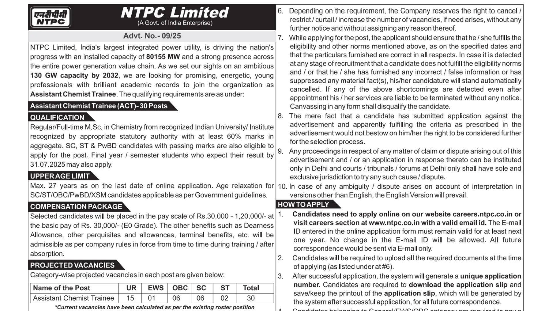 NTPC Assistant Chemist Trainee Recruitment 2025 Notification Released and Apply Online