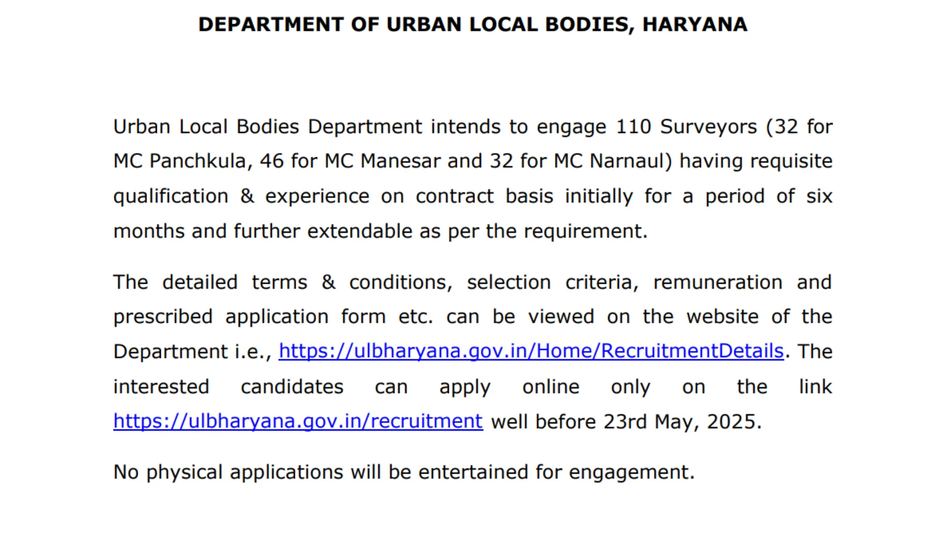 ULB Haryana Surveyors Recruitment 2025 Notification Released and Apply Online for 110 Posts